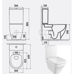 Creavit Solo Rimless Close Coupled Toilet WC Back to Wall Soft Close Seat